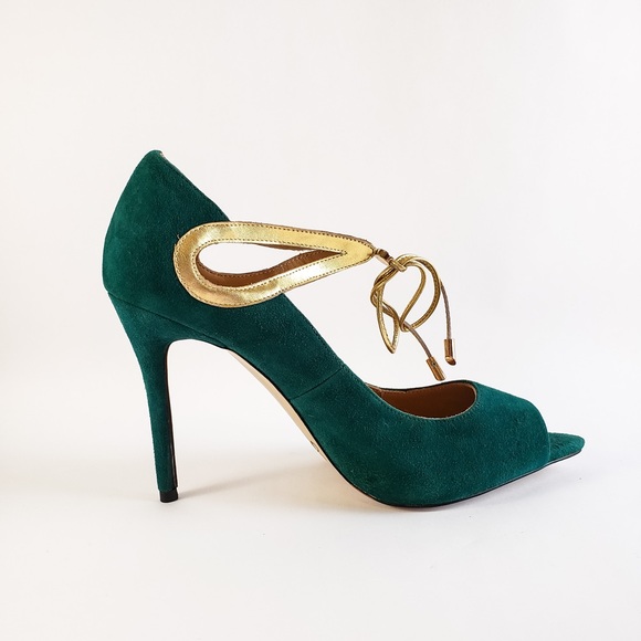 Green open toe pumps / heels with gold bow ties - Picture 4 of 4